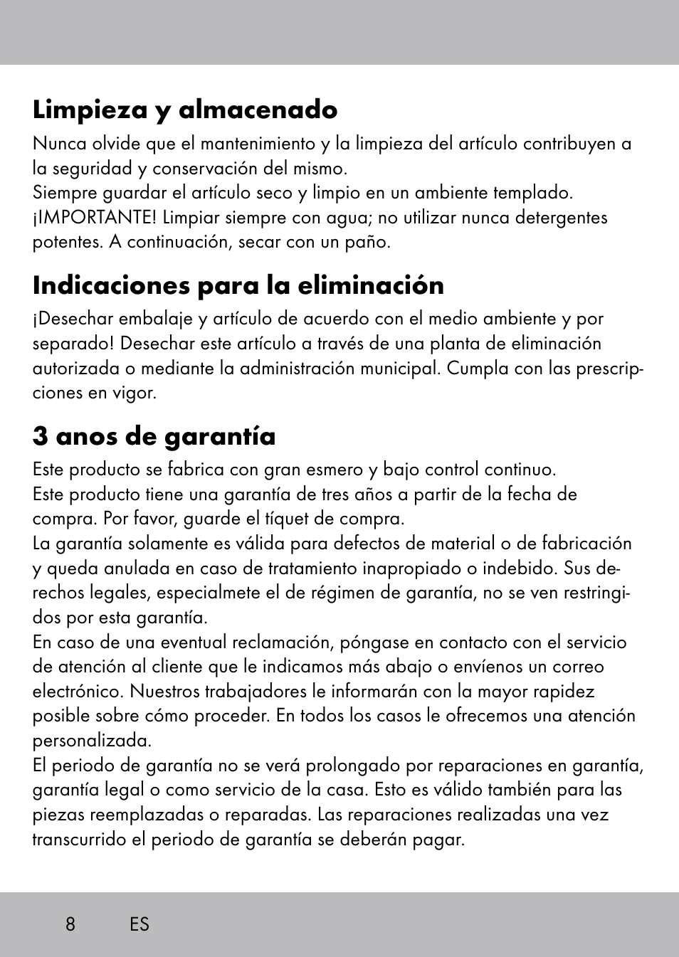 Limpieza y almacenado, Indicaciones para la eliminación, 3 anos de garantía | Playtive Swing Brettschaukel User Manual | Page 6 / 28