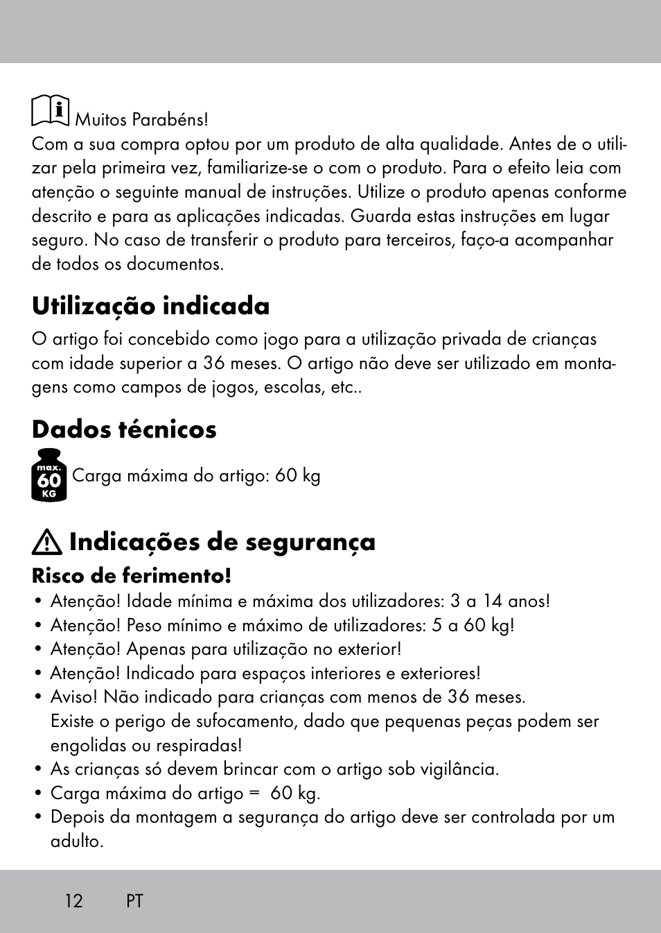 Utilização indicada, Dados técnicos, Indicações de segurança | Playtive Swing Kletterseil User Manual | Page 10 / 24