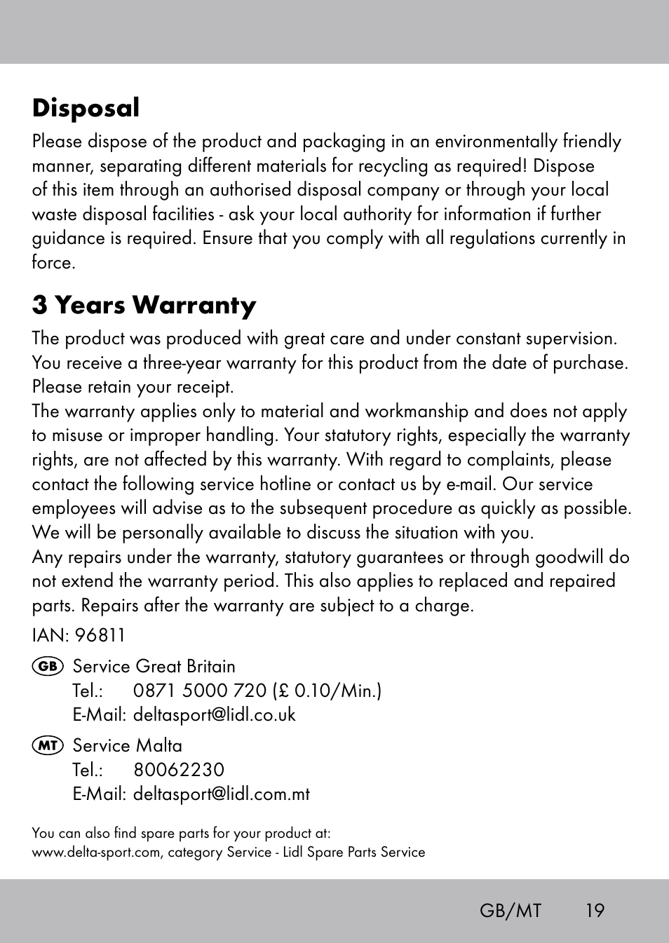 Disposal, 3 years warranty | Playtive Swing Kletterseil User Manual | Page 17 / 24