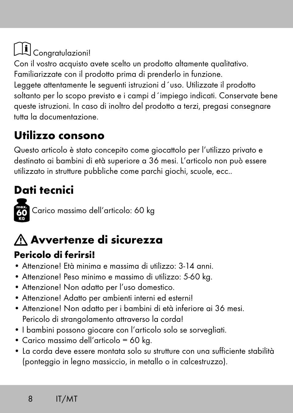 Utilizzo consono, Dati tecnici, Avvertenze di sicurezza | Playtive Swing Kletterseil User Manual | Page 6 / 24