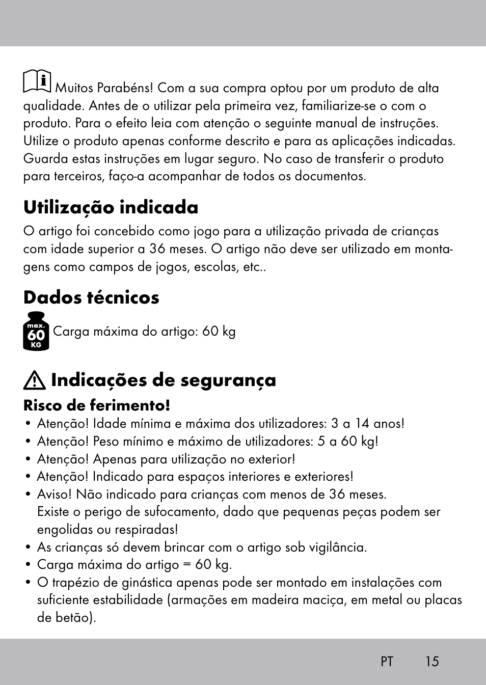 Utilização indicada, Dados técnicos, Indicações de segurança | Playtive Swing Trapezschaukel User Manual | Page 13 / 28