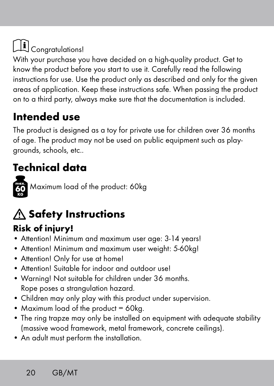 Intended use, Technical data, Safety instructions | Playtive Swing Trapezschaukel User Manual | Page 18 / 28