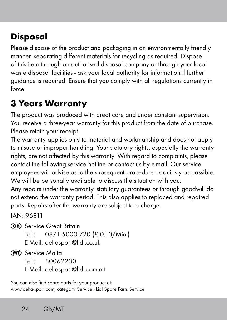 Disposal, 3 years warranty | Playtive Swing Trapezschaukel User Manual | Page 22 / 28