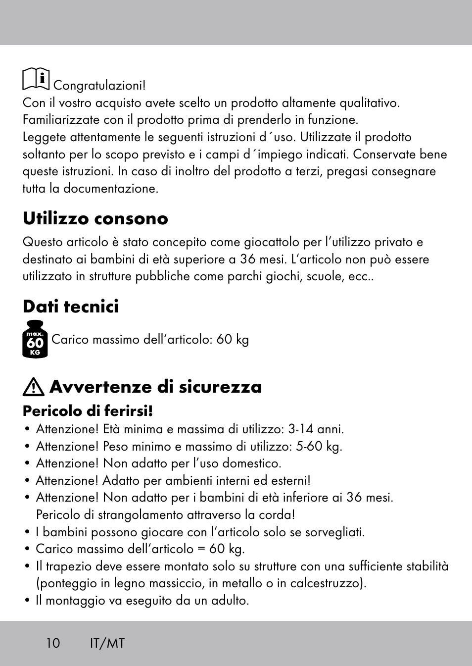 Utilizzo consono, Dati tecnici, Avvertenze di sicurezza | Playtive Swing Trapezschaukel User Manual | Page 8 / 28