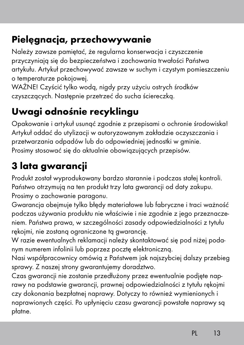 Pielęgnacja, przechowywanie, Uwagi odnośnie recyklingu, 3 lata gwarancji | Playtive Swing Brettschaukel User Manual | Page 11 / 40