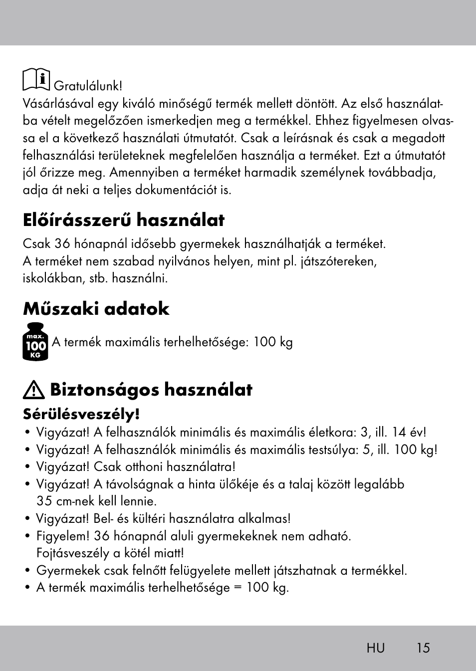 Előírásszerű használat, Műszaki adatok, Biztonságos használat | Playtive Swing Brettschaukel User Manual | Page 13 / 40