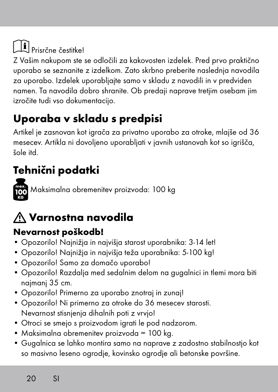 Uporaba v skladu s predpisi, Tehnični podatki, Varnostna navodila | Playtive Swing Brettschaukel User Manual | Page 18 / 40