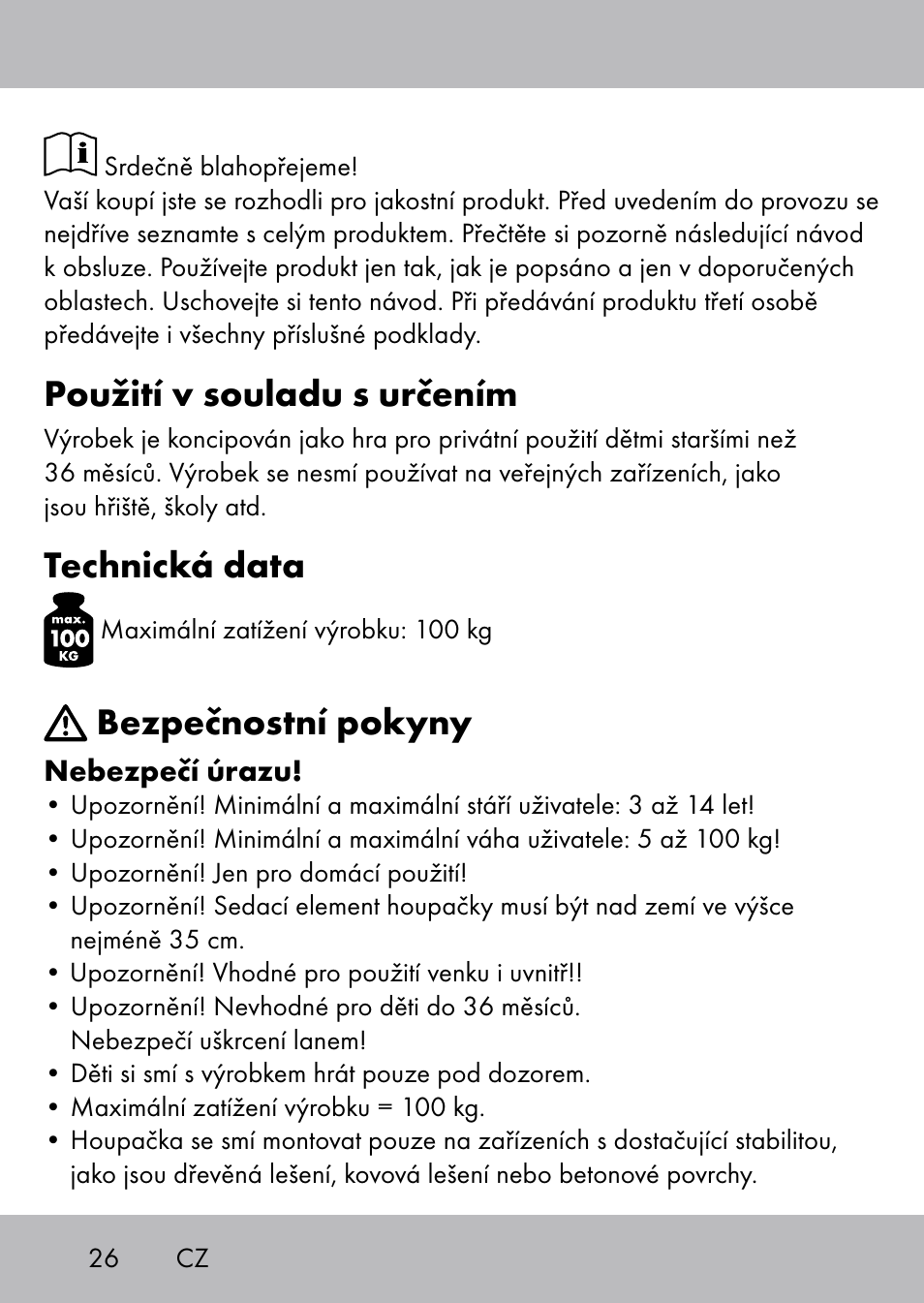 Použití v souladu s určením, Technická data, Bezpečnostní pokyny | Playtive Swing Brettschaukel User Manual | Page 24 / 40