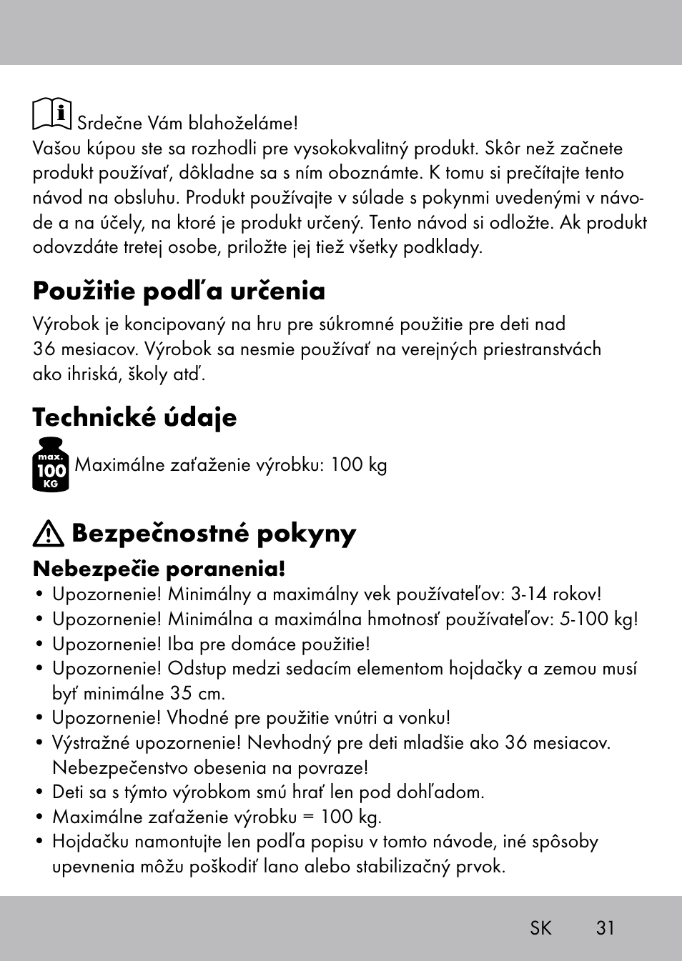 Použitie podľa určenia, Technické údaje, Bezpečnostné pokyny | Playtive Swing Brettschaukel User Manual | Page 29 / 40