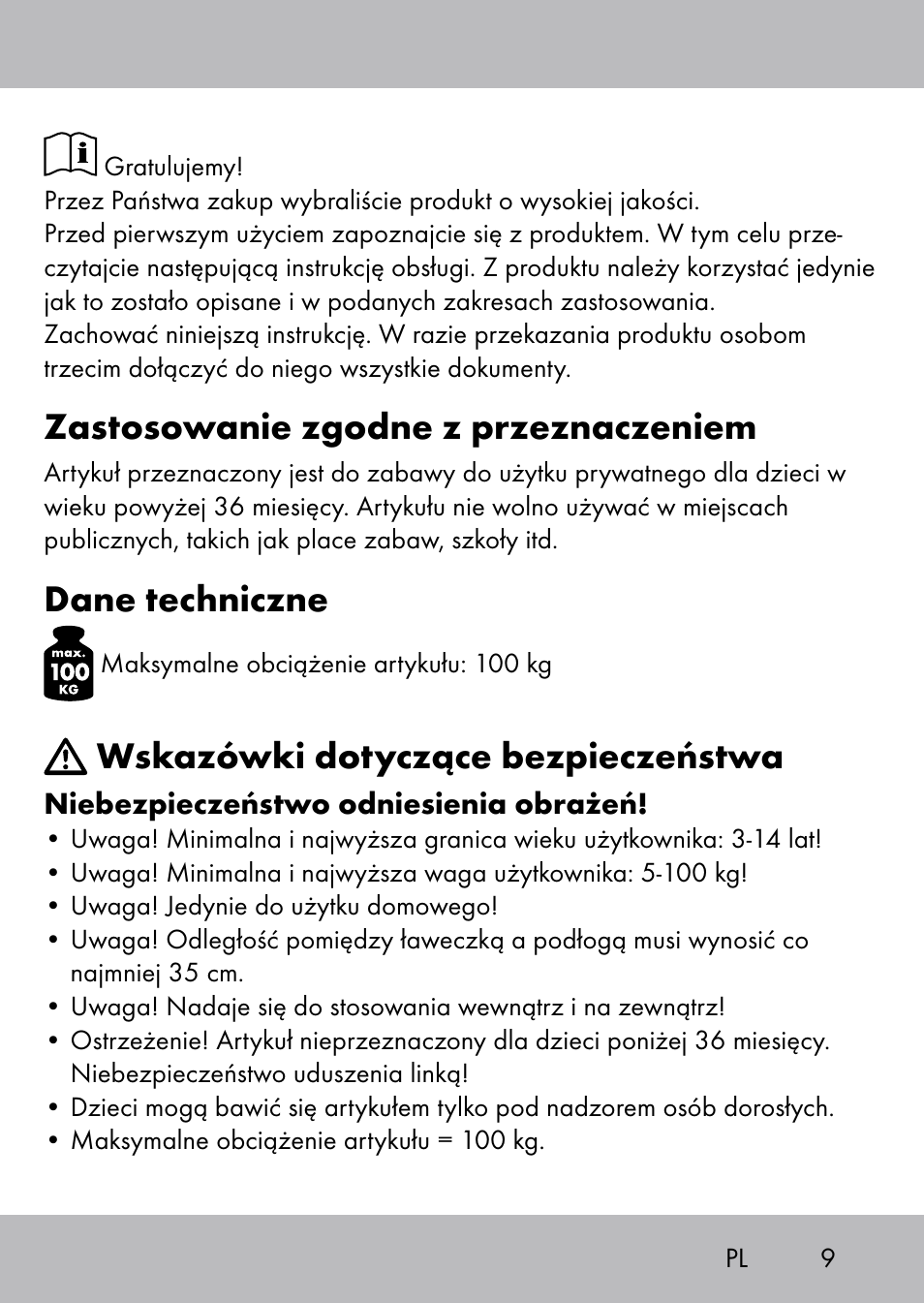 Zastosowanie zgodne z przeznaczeniem, Dane techniczne, Wskazówki dotyczące bezpieczeństwa | Playtive Swing Brettschaukel User Manual | Page 7 / 40