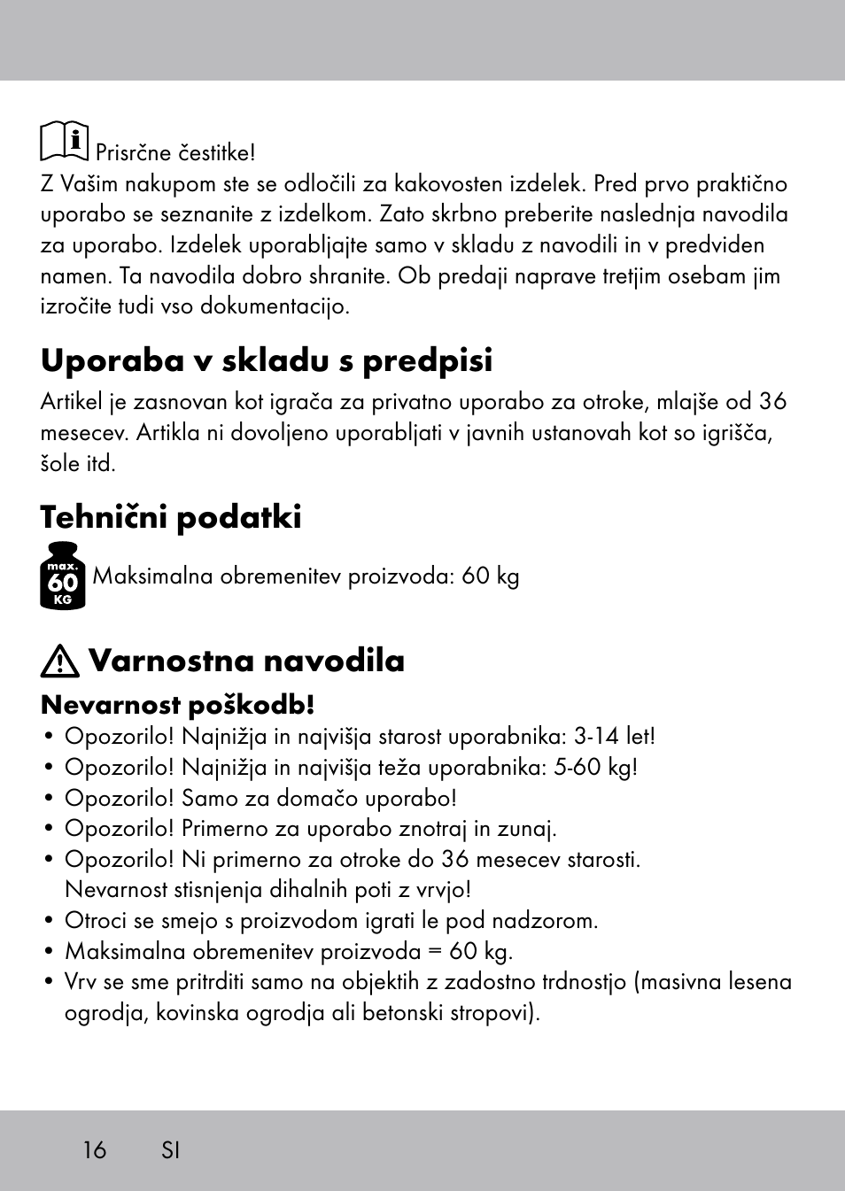 Uporaba v skladu s predpisi, Tehnični podatki, Varnostna navodila | Playtive Swing Kletterseil User Manual | Page 14 / 32