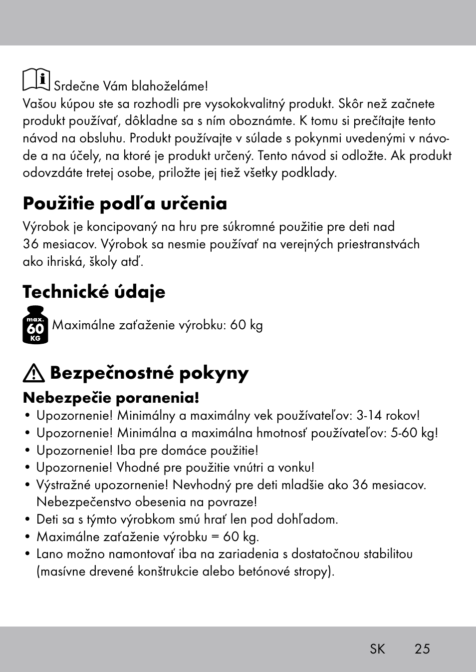 Použitie podľa určenia, Technické údaje, Bezpečnostné pokyny | Playtive Swing Kletterseil User Manual | Page 23 / 32