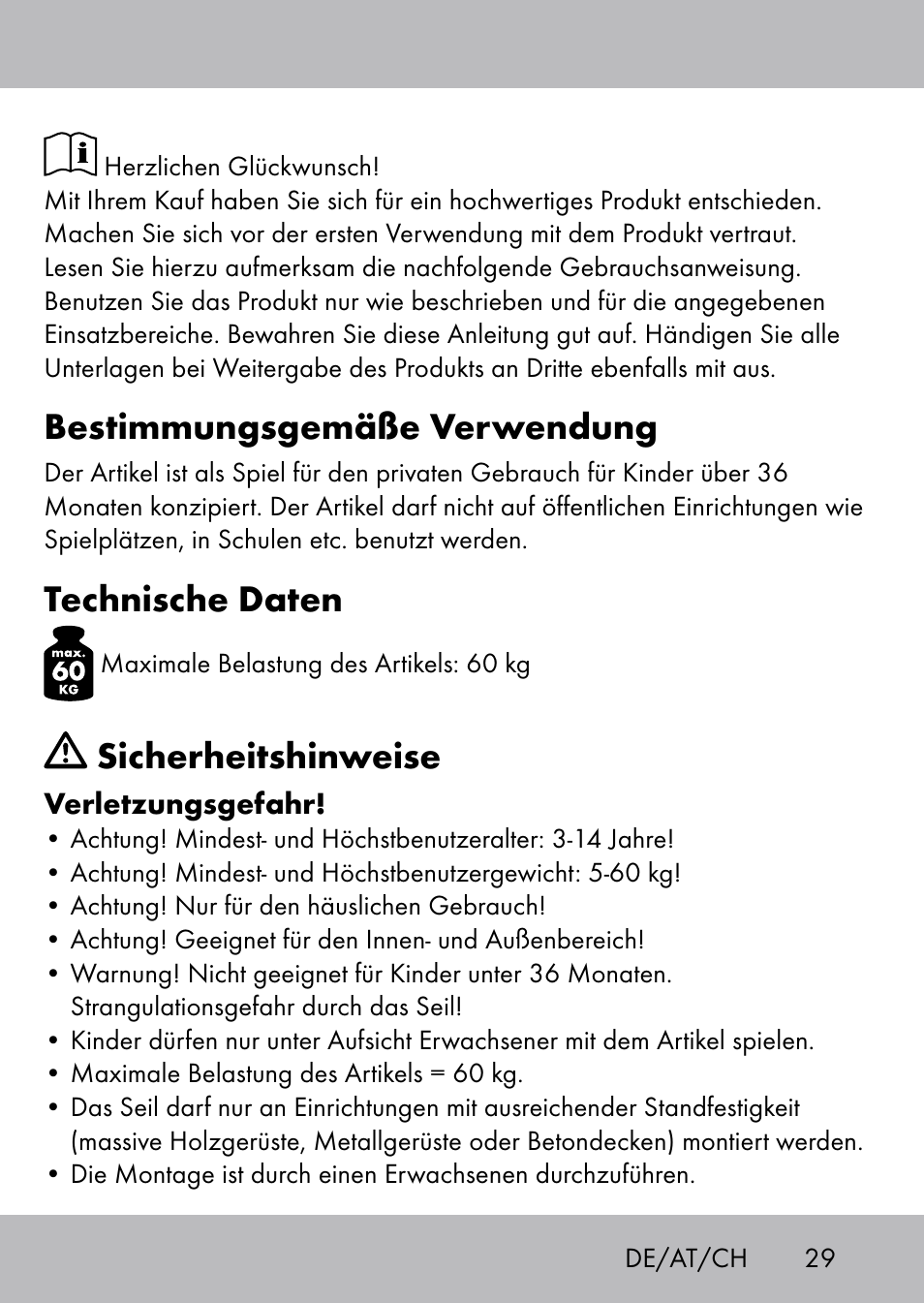 Bestimmungsgemäße verwendung, Technische daten, Sicherheitshinweise | Playtive Swing Kletterseil User Manual | Page 27 / 32