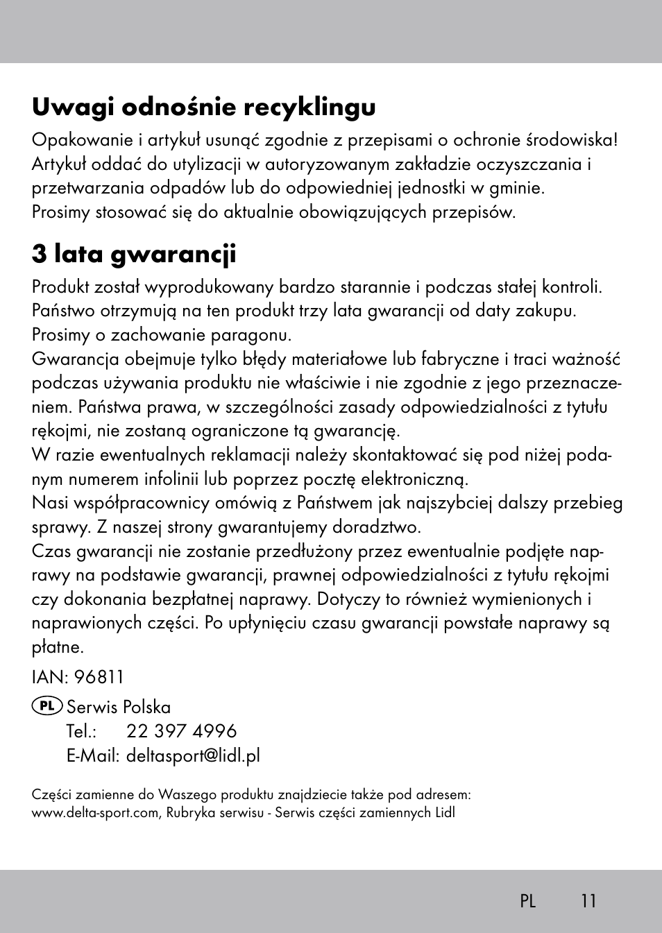 Uwagi odnośnie recyklingu, 3 lata gwarancji | Playtive Swing Kletterseil User Manual | Page 9 / 32