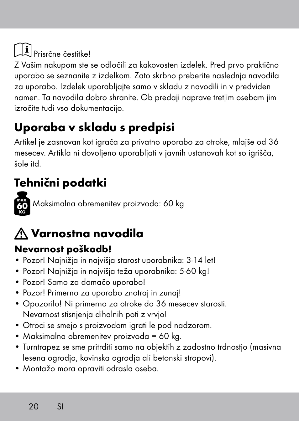 Uporaba v skladu s predpisi, Tehnični podatki, Varnostna navodila | Playtive Swing Trapezschaukel User Manual | Page 18 / 40