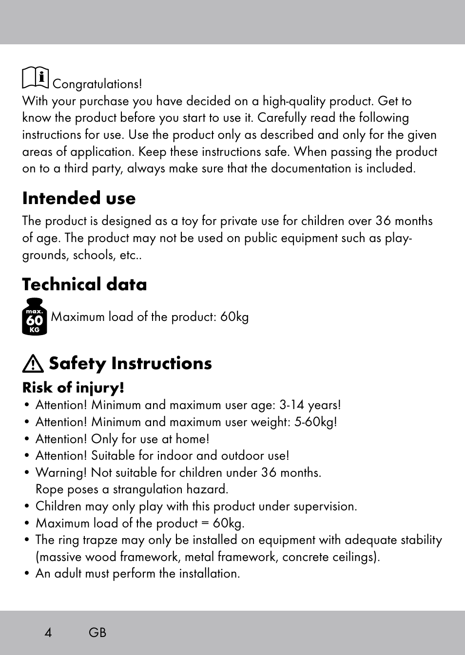 Intended use, Technical data, Safety instructions | Playtive Swing Trapezschaukel User Manual | Page 2 / 40