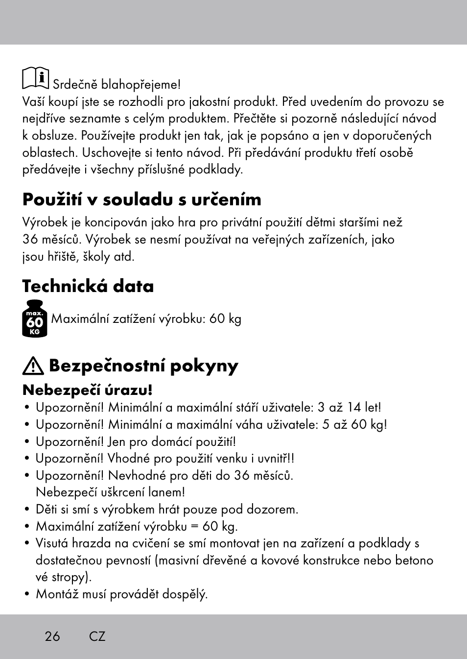 Použití v souladu s určením, Technická data, Bezpečnostní pokyny | Playtive Swing Trapezschaukel User Manual | Page 24 / 40