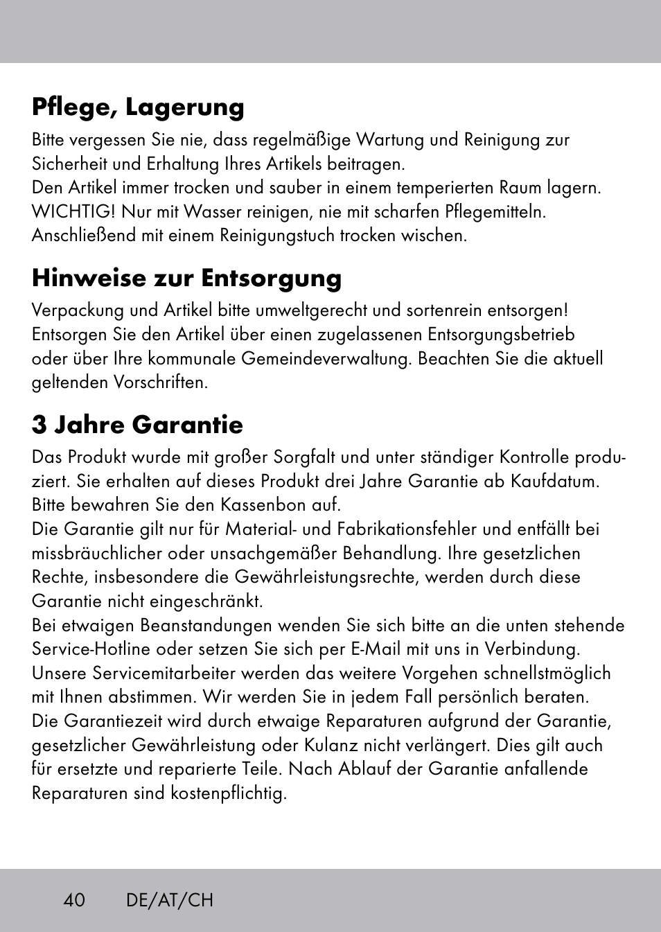 Pflege, lagerung, Hinweise zur entsorgung, 3 jahre garantie | Playtive Swing Trapezschaukel User Manual | Page 38 / 40