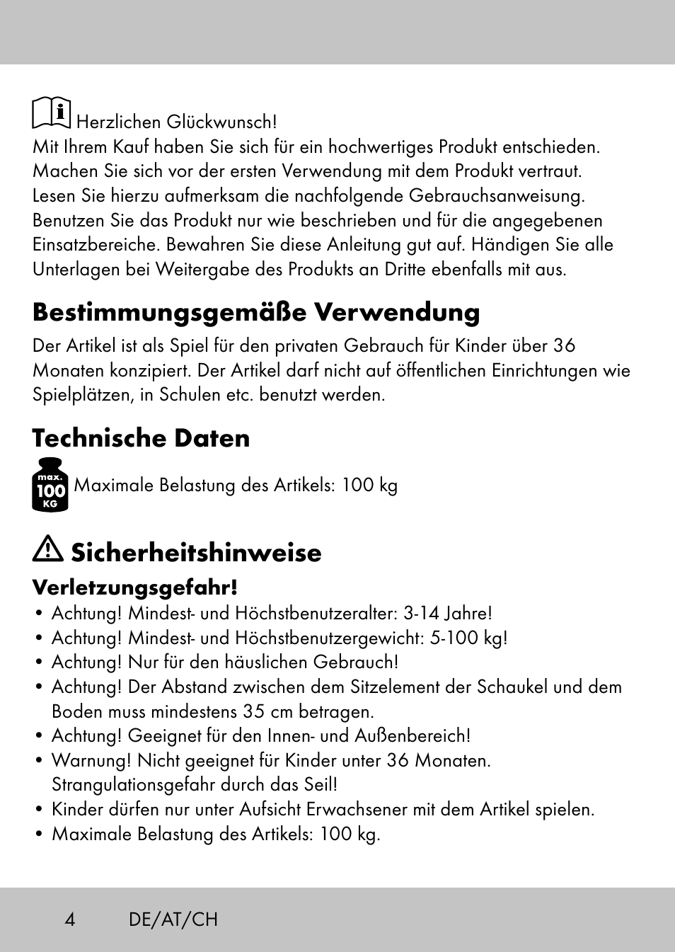 Bestimmungsgemäße verwendung, Technische daten, Sicherheitshinweise | Playtive Swing StyleA User Manual | Page 2 / 24