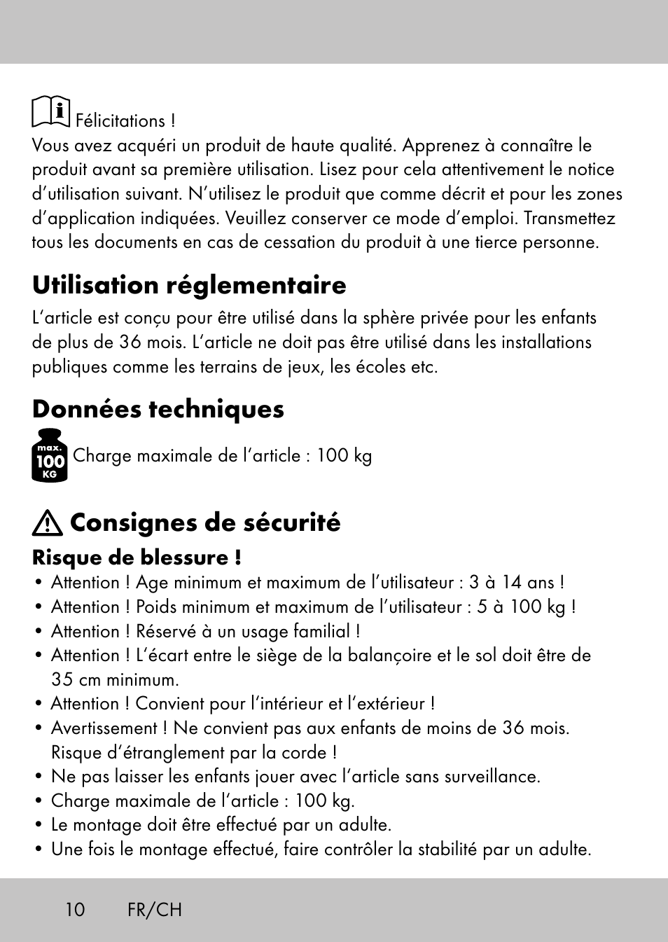 Utilisation réglementaire, Données techniques, Consignes de sécurité | Playtive Swing StyleA User Manual | Page 8 / 24