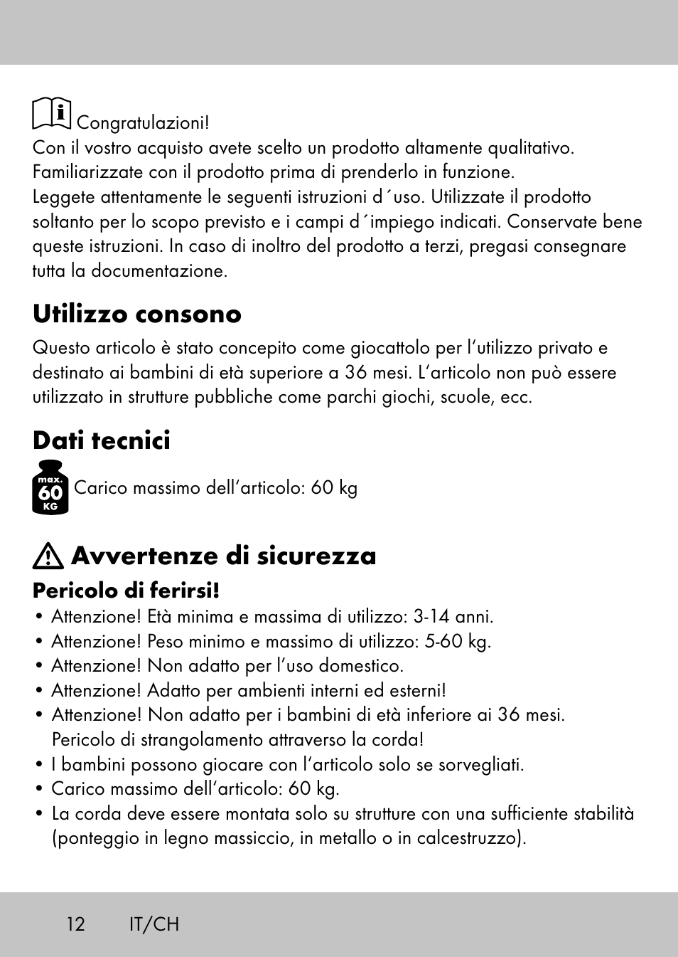 Utilizzo consono, Dati tecnici, Avvertenze di sicurezza | Playtive Swing StyleB User Manual | Page 10 / 20