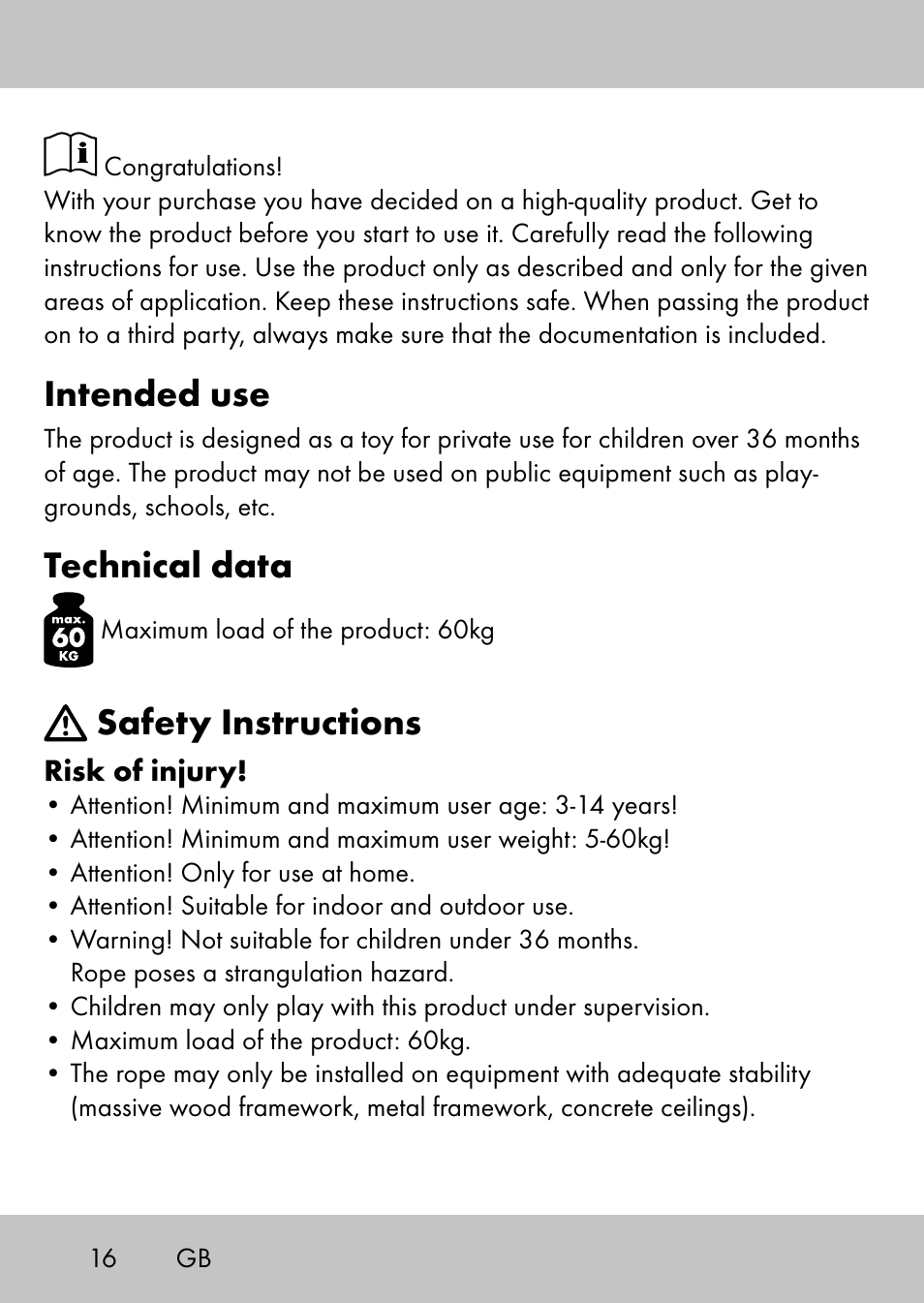 Intended use, Technical data, Safety instructions | Playtive Swing StyleB User Manual | Page 14 / 20