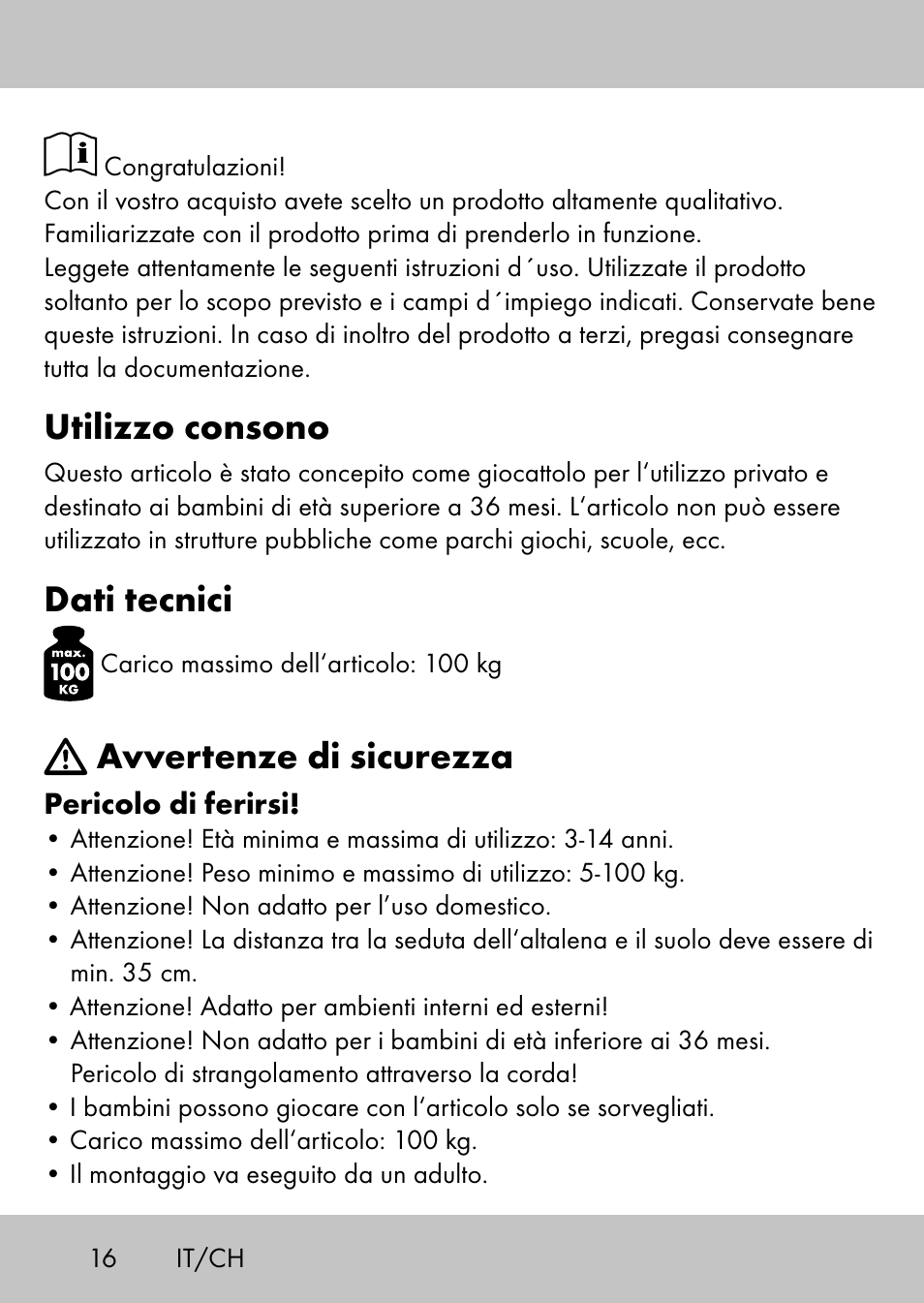 Utilizzo consono, Dati tecnici, Avvertenze di sicurezza | Playtive Swing StyleC User Manual | Page 14 / 24