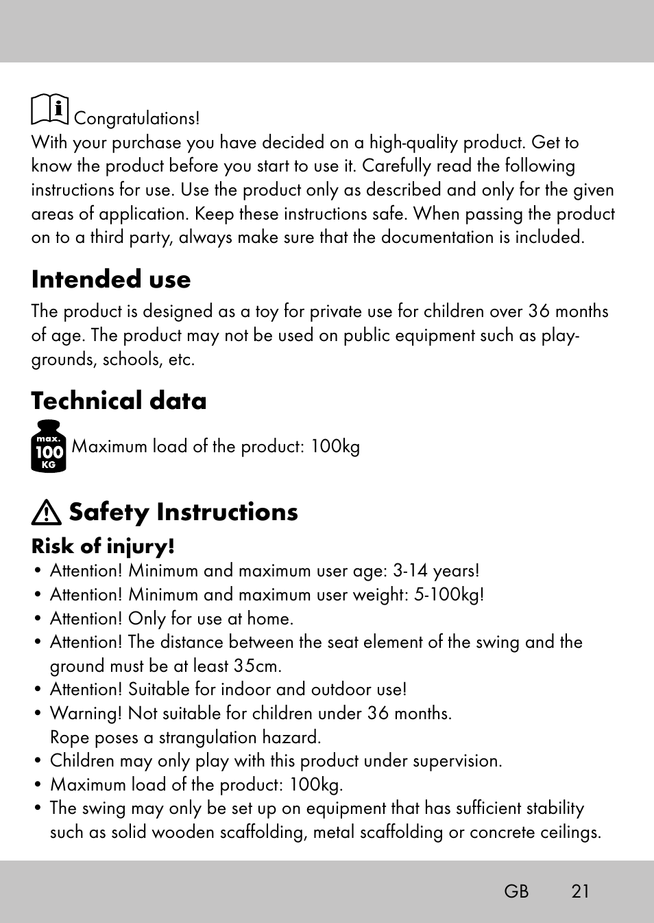 Intended use, Technical data, Safety instructions | Playtive Swing StyleC User Manual | Page 19 / 24