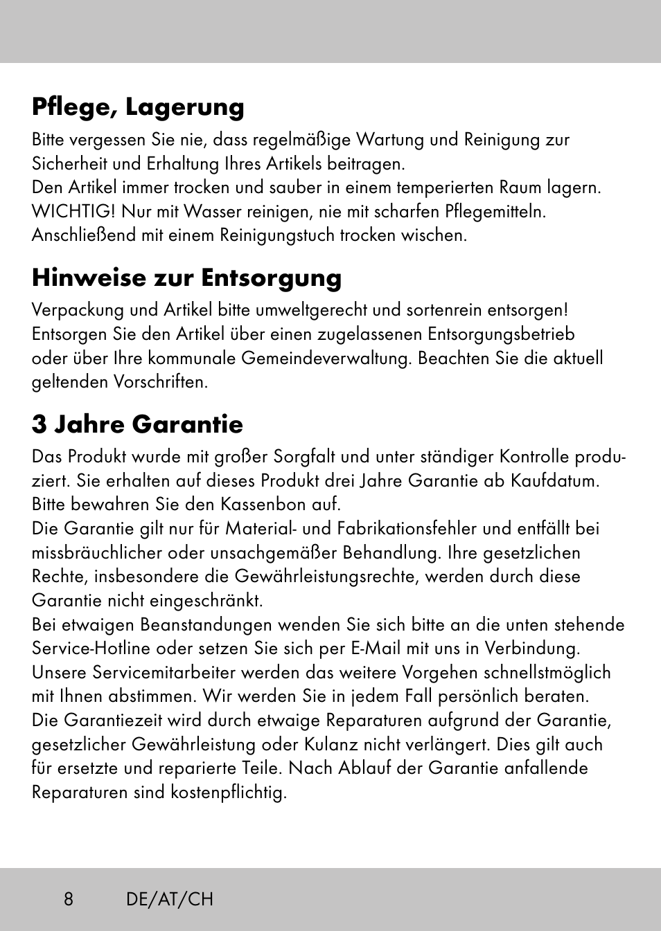 Pflege, lagerung, Hinweise zur entsorgung, 3 jahre garantie | Playtive Swing StyleC User Manual | Page 6 / 24