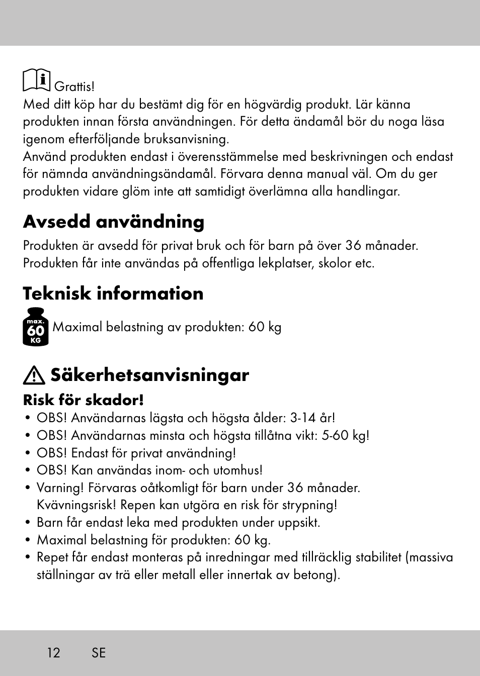Avsedd användning, Teknisk information, Säkerhetsanvisningar | Playtive Swing StyleB User Manual | Page 10 / 32