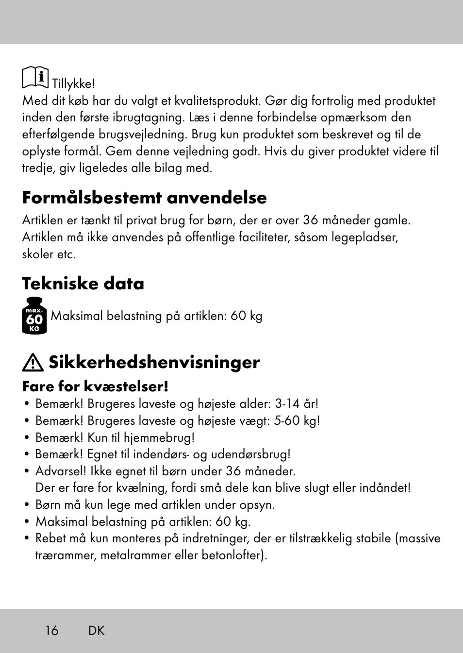 Formålsbestemt anvendelse, Tekniske data, Sikkerhedshenvisninger | Playtive Swing StyleB User Manual | Page 14 / 32
