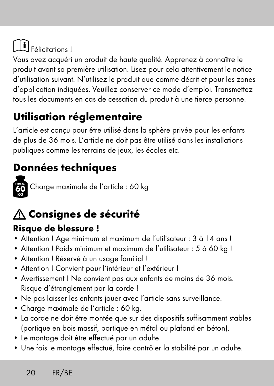 Utilisation réglementaire, Données techniques, Consignes de sécurité | Playtive Swing StyleB User Manual | Page 18 / 32