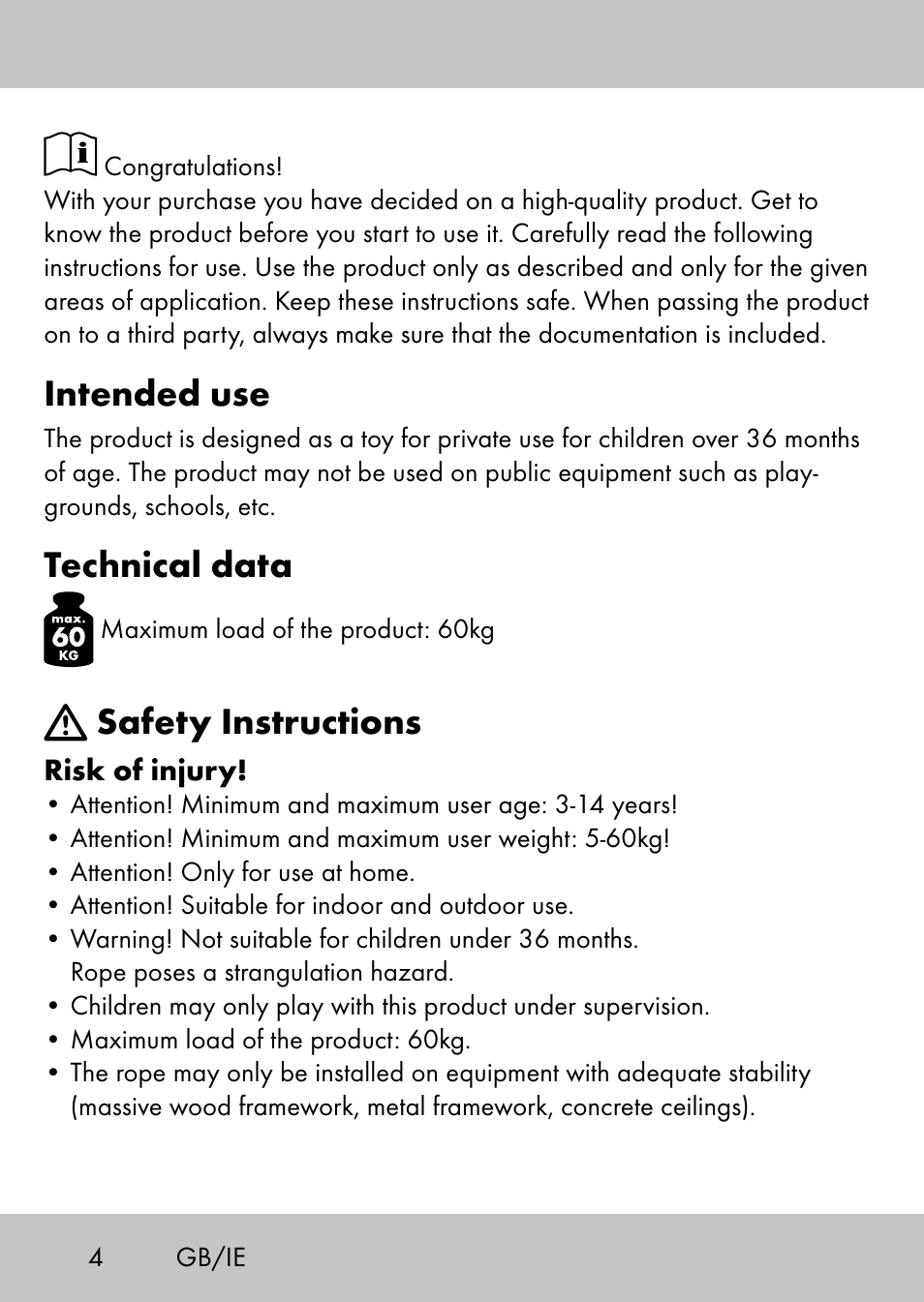 Intended use, Technical data, Safety instructions | Playtive Swing StyleB User Manual | Page 2 / 32