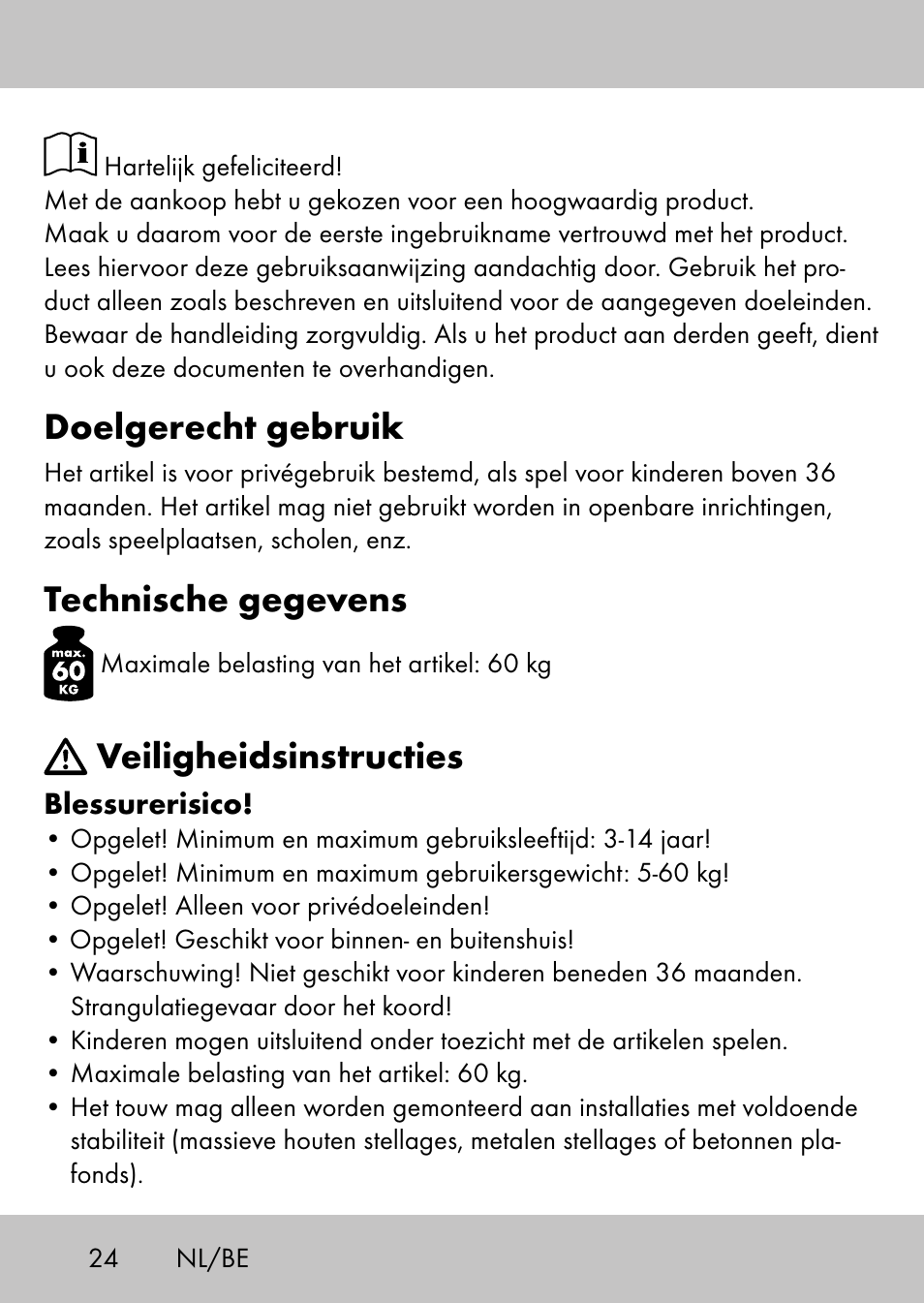 Doelgerecht gebruik, Technische gegevens, Veiligheidsinstructies | Playtive Swing StyleB User Manual | Page 22 / 32