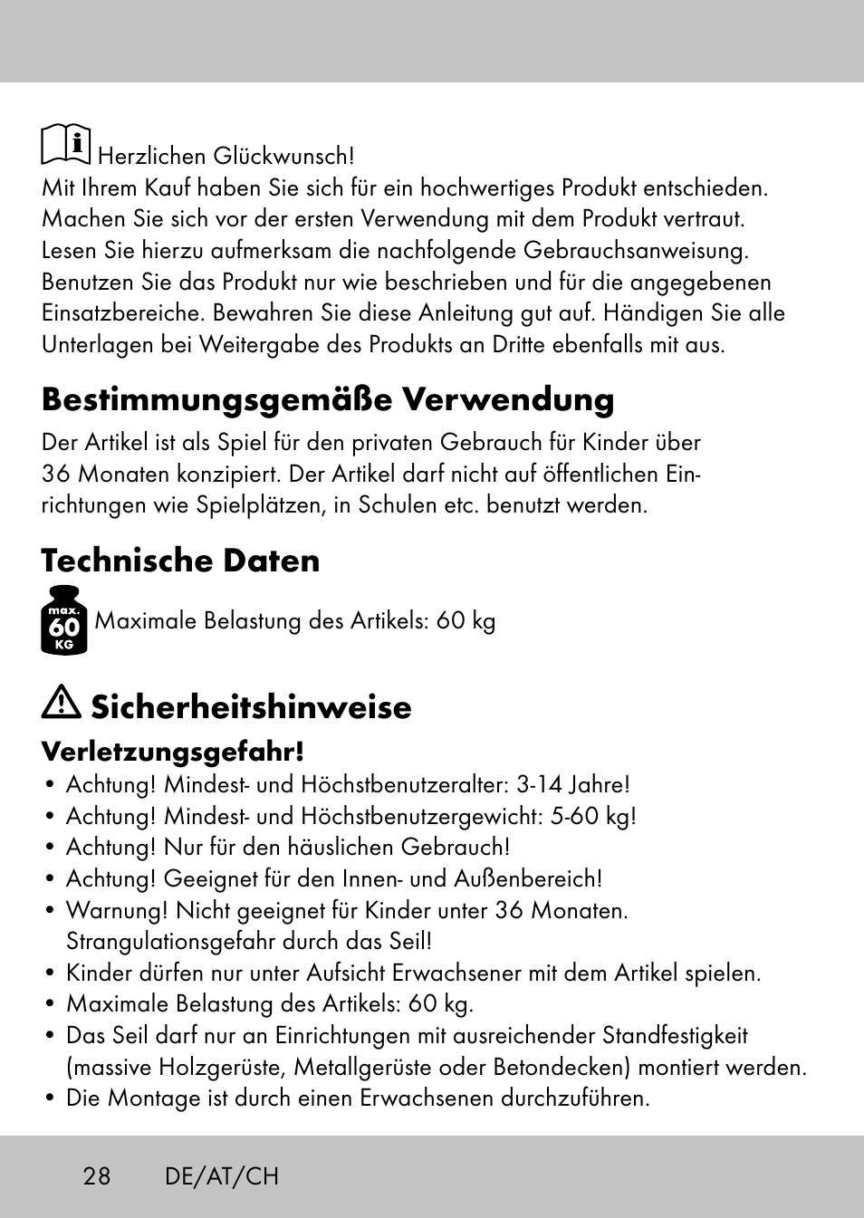 Bestimmungsgemäße verwendung, Technische daten, Sicherheitshinweise | Playtive Swing StyleB User Manual | Page 26 / 32