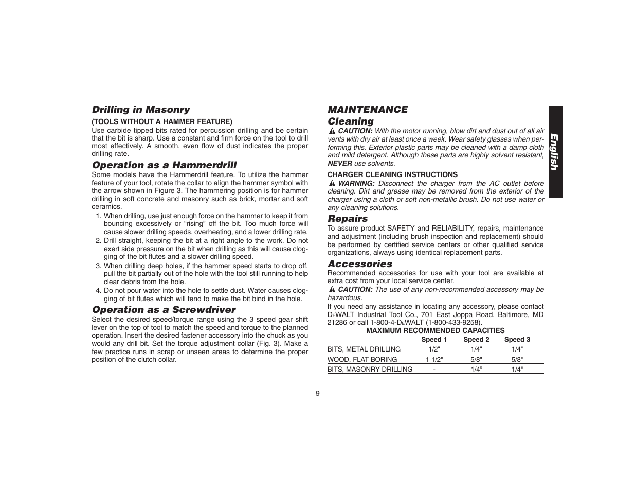 Drilling in masonry, Operation as a hammerdrill, Operation as a screwdriver | English maintenance cleaning, Repairs, Accessories | DeWalt DW9106 User Manual | Page 12 / 38
