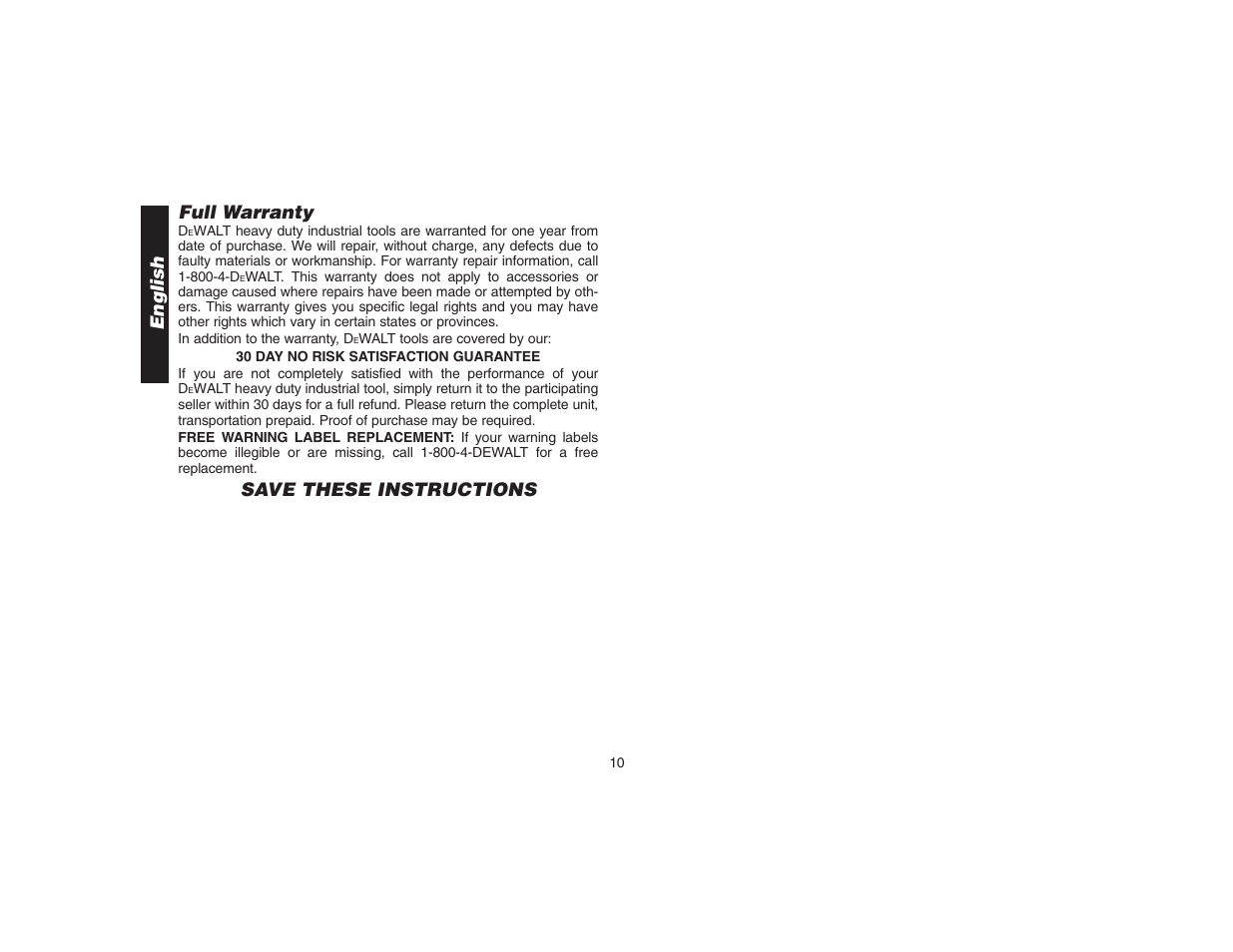 Full warranty, Save these instructions english | DeWalt DW9106 User Manual | Page 13 / 38