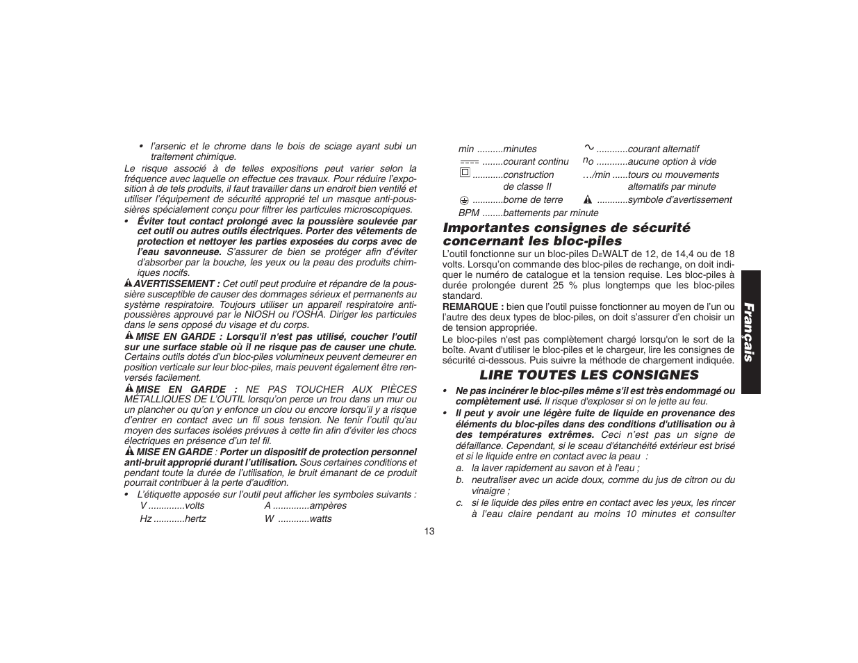 Lire toutes les consignes, Français | DeWalt DW9106 User Manual | Page 16 / 38