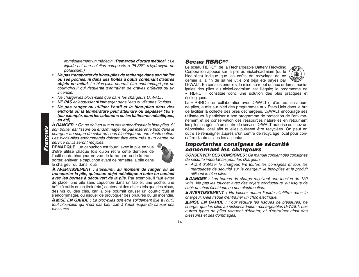 Sceau rbrc, Français | DeWalt DW9106 User Manual | Page 17 / 38