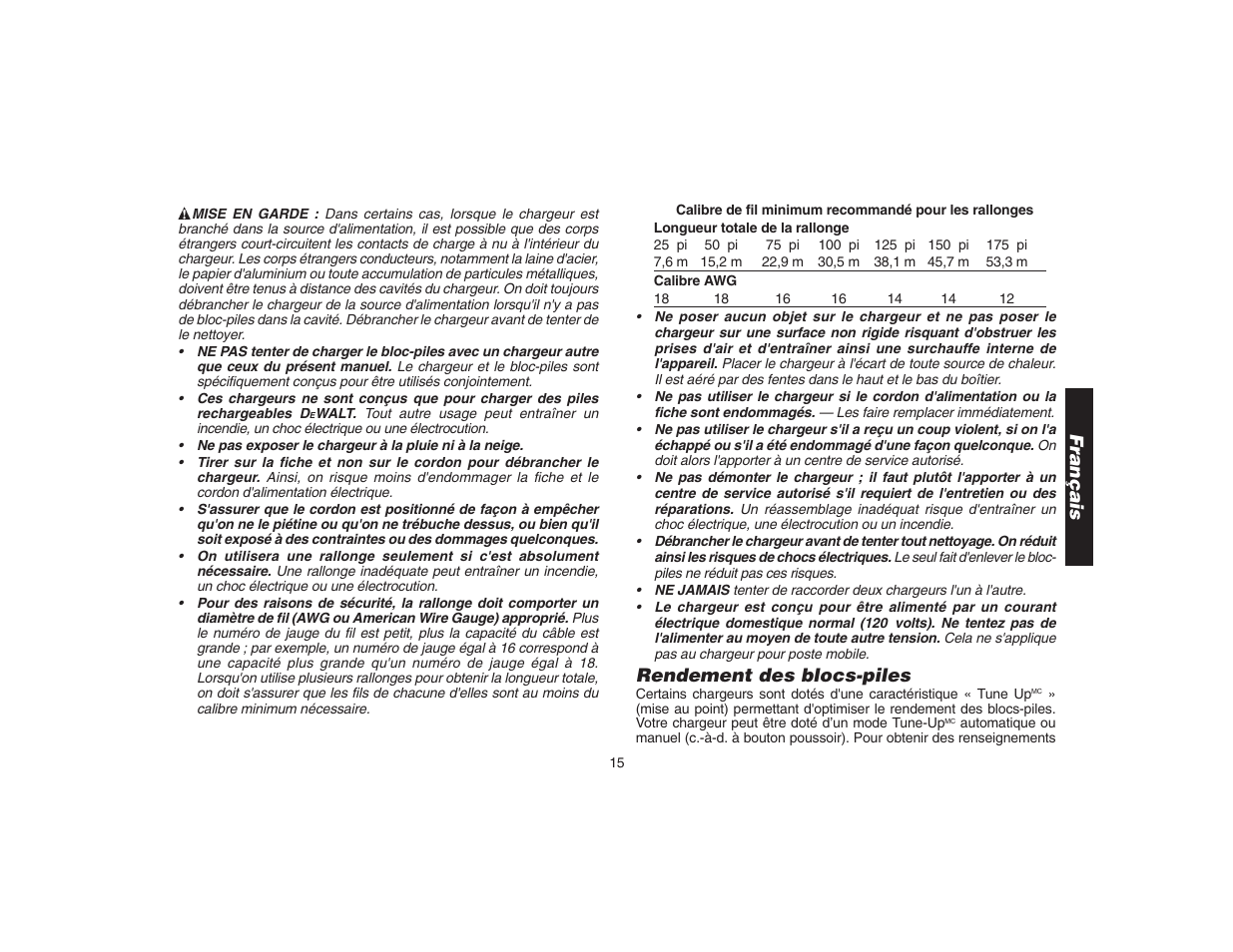 Rendement des blocs-piles, Français | DeWalt DW9106 User Manual | Page 18 / 38