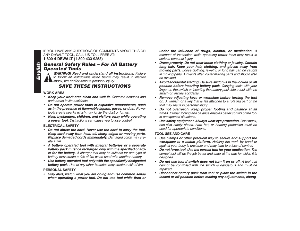English, Save these instructions | DeWalt DW9106 User Manual | Page 3 / 38
