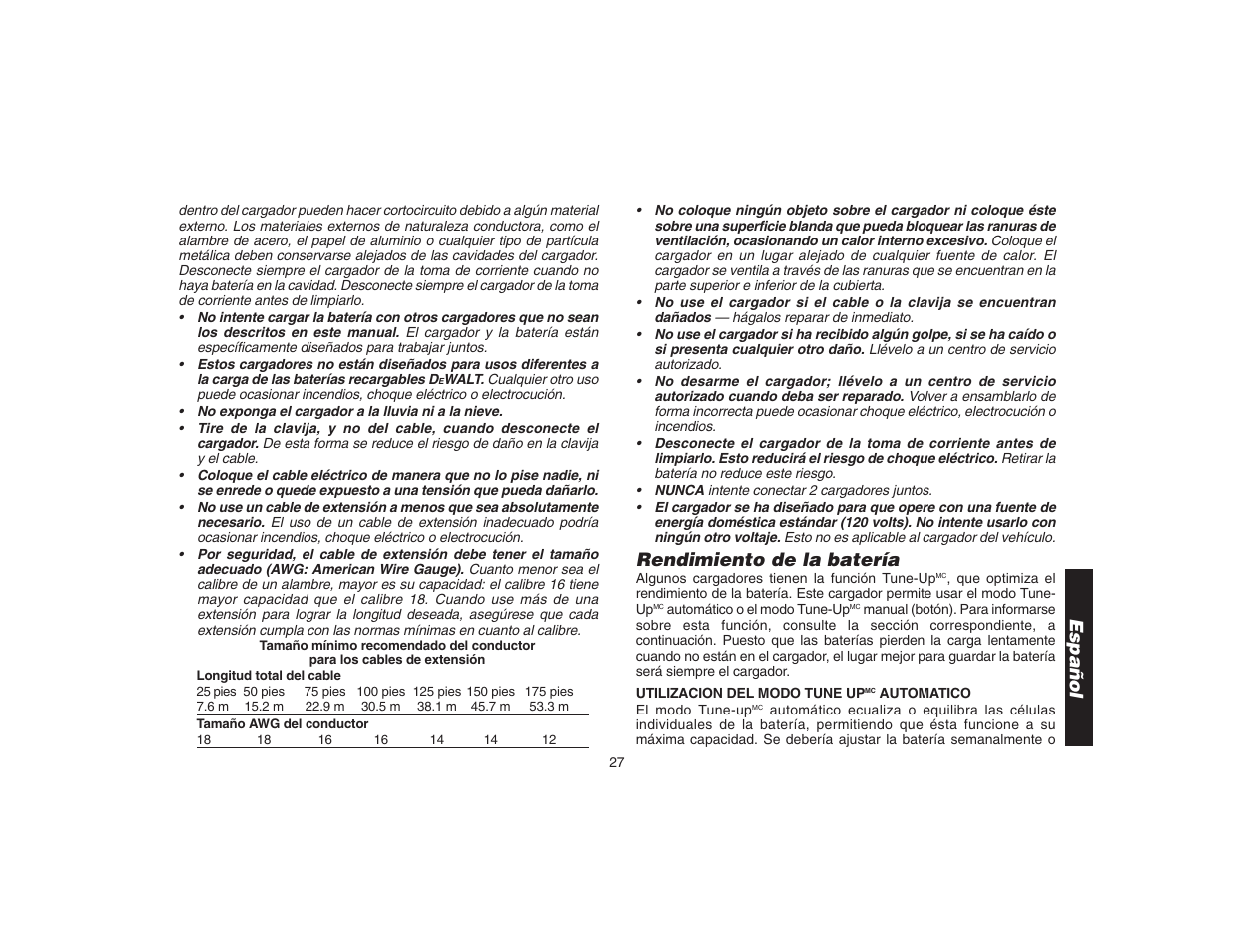Español, Rendimiento de la batería | DeWalt DW9106 User Manual | Page 30 / 38
