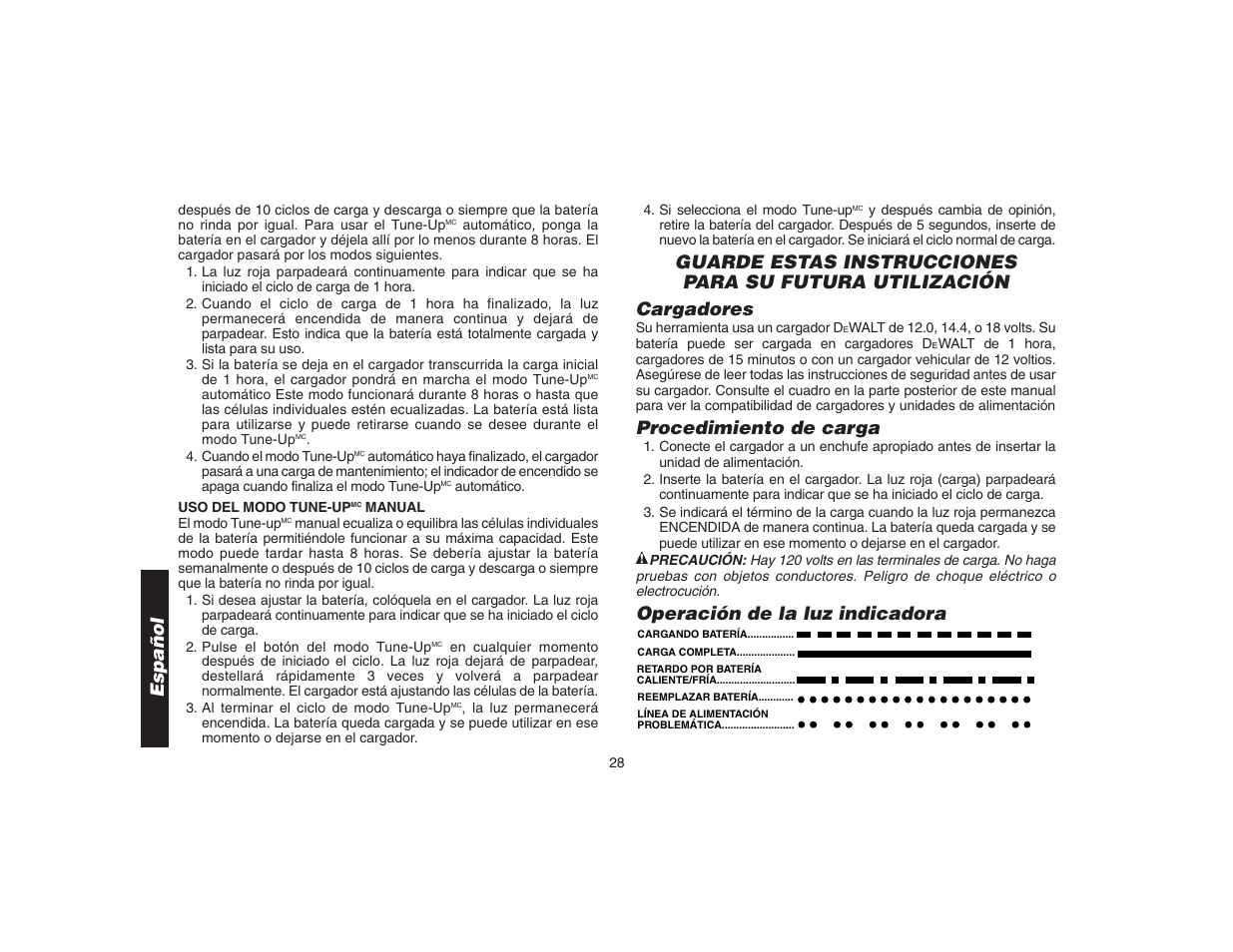 Español, Procedimiento de carga, Operación de la luz indicadora | DeWalt DW9106 User Manual | Page 31 / 38