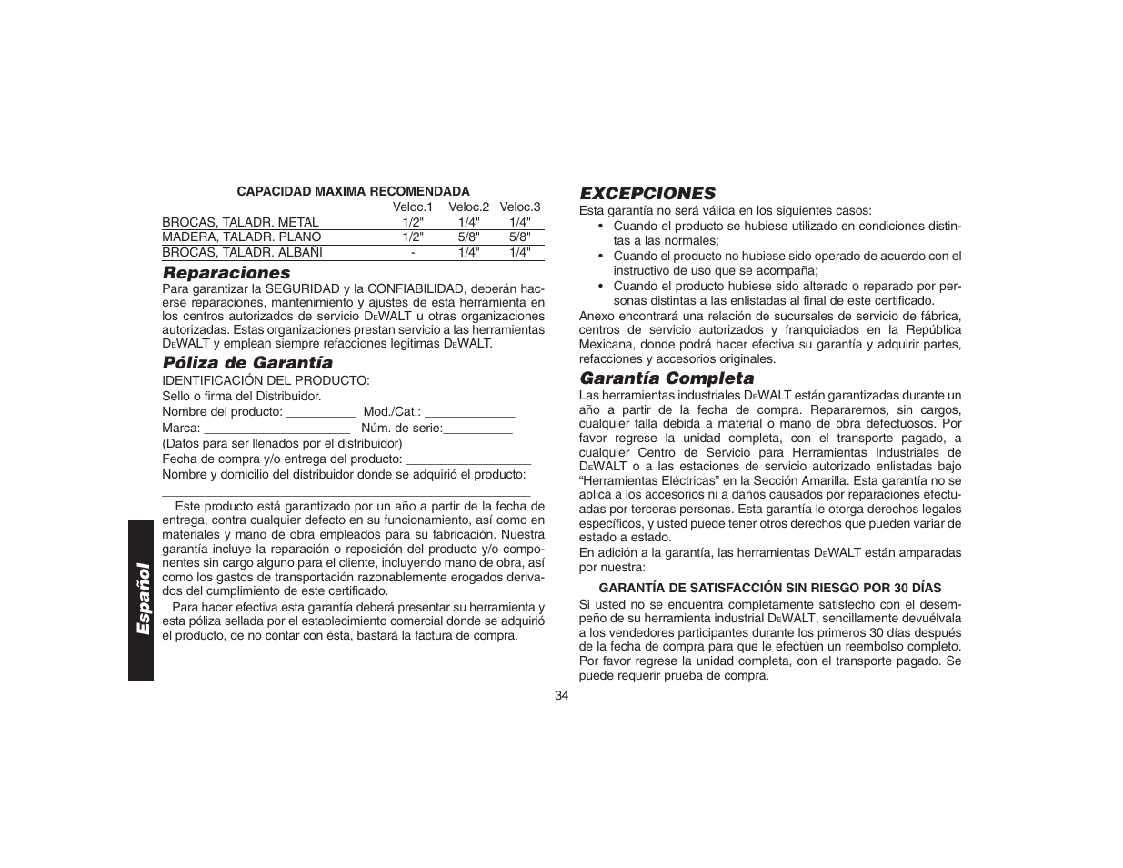 Reparaciones, Póliza de garantía, Excepciones | Garantía completa, Español | DeWalt DW9106 User Manual | Page 37 / 38