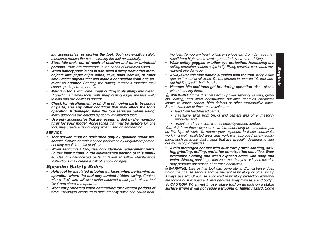 Specific safety rules, English | DeWalt DW9106 User Manual | Page 4 / 38