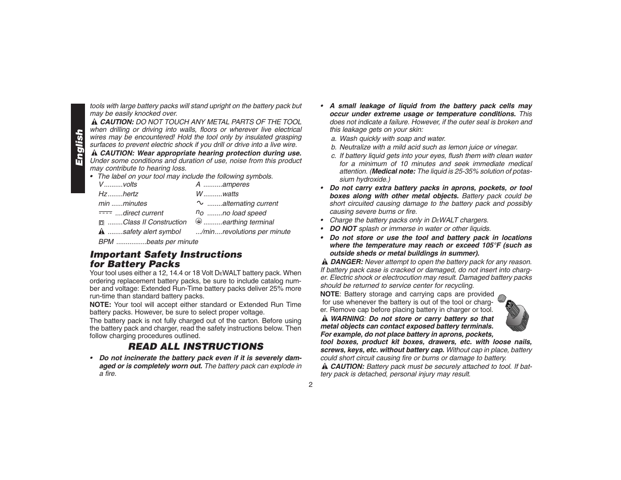 Important safety instructions for battery packs, Read all instructions, English | DeWalt DW9106 User Manual | Page 5 / 38