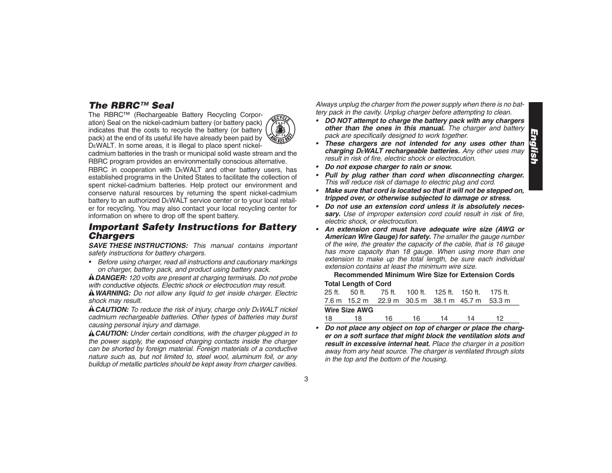 English the rbrc™ seal, Important safety instructions for battery chargers | DeWalt DW9106 User Manual | Page 6 / 38