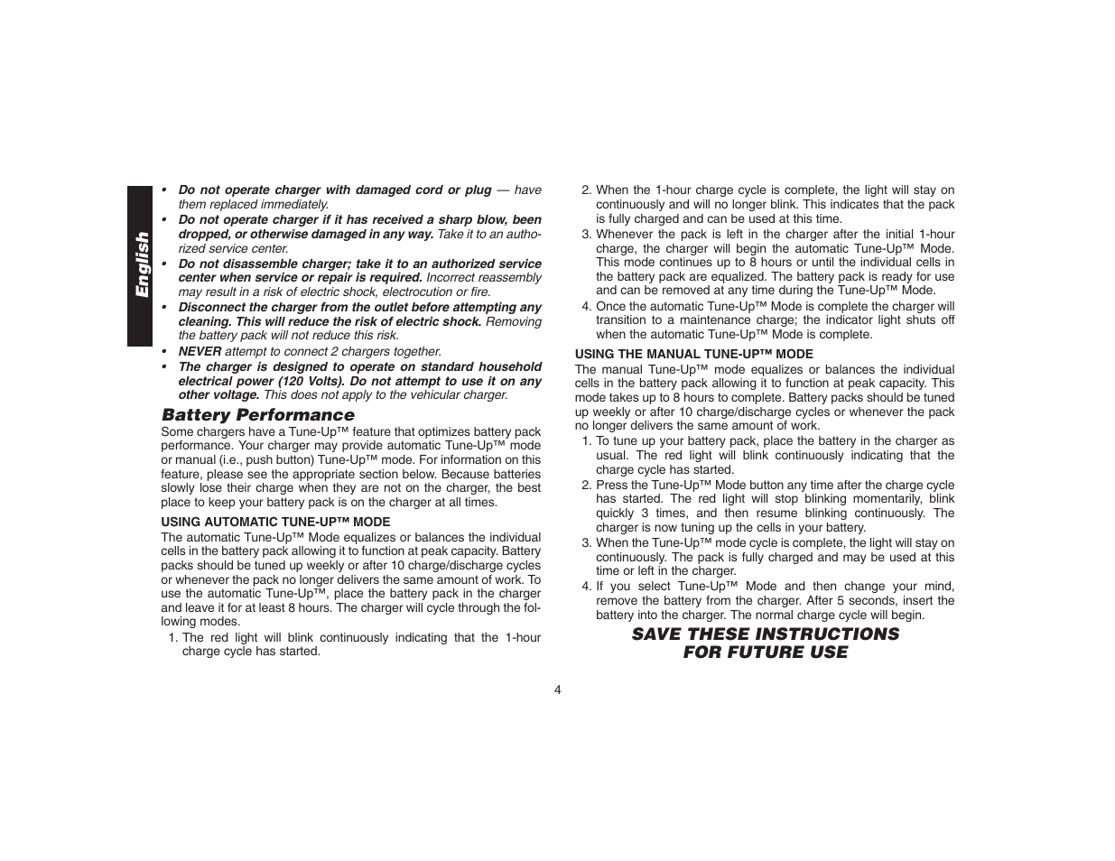 English, Battery performance, Save these instructions for future use | DeWalt DW9106 User Manual | Page 7 / 38