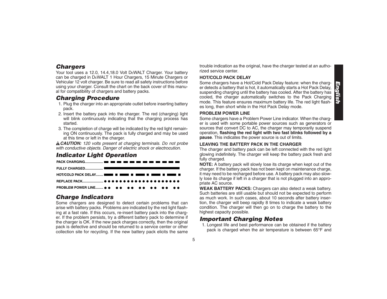 English chargers, Charging procedure, Indicator light operation charge indicators | DeWalt DW9106 User Manual | Page 8 / 38