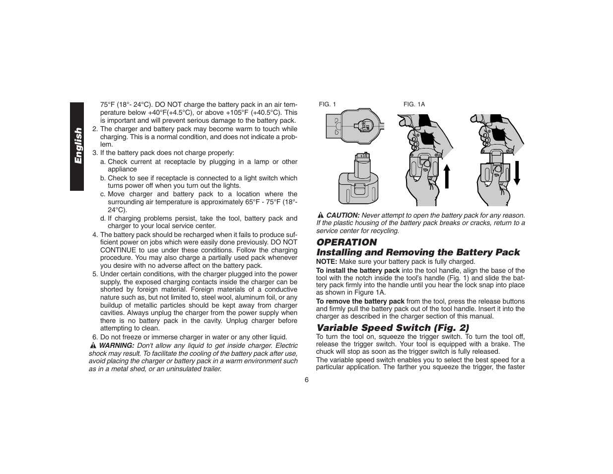 English, Operation installing and removing the battery pack, Variable speed switch (fig. 2) | DeWalt DW9106 User Manual | Page 9 / 38